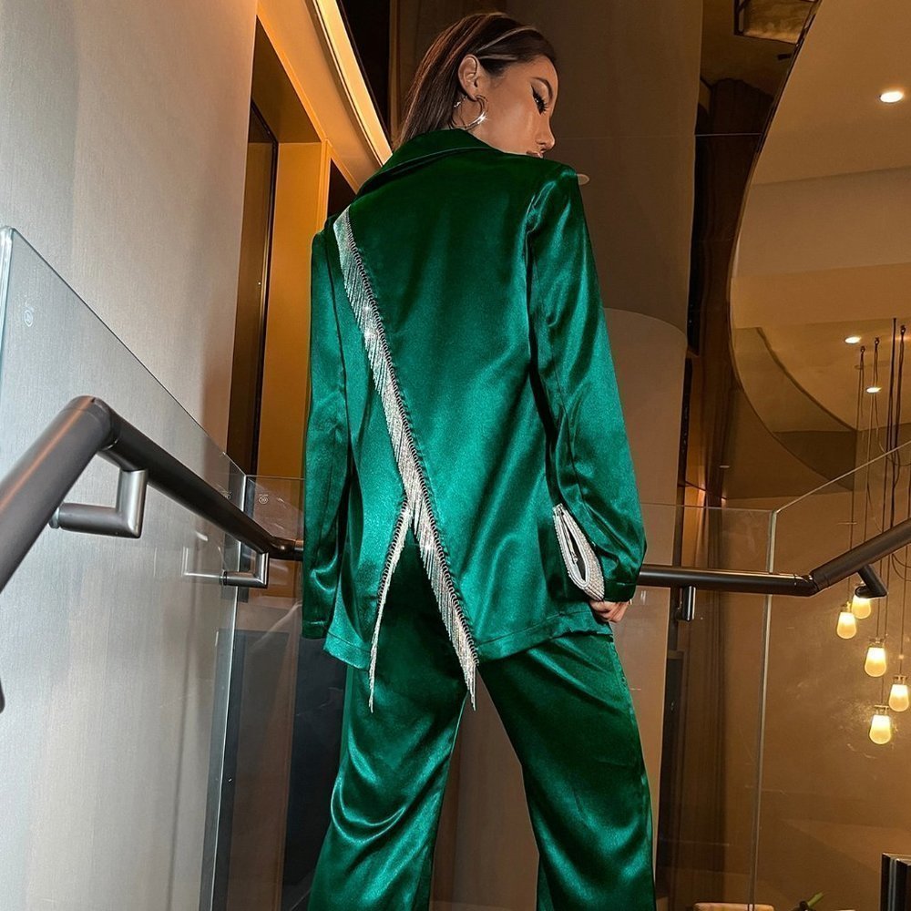 Dark Green Casual Womens Fringe Trim Split Back Single Breasted Blazer & Pants - Picture 3 of 5